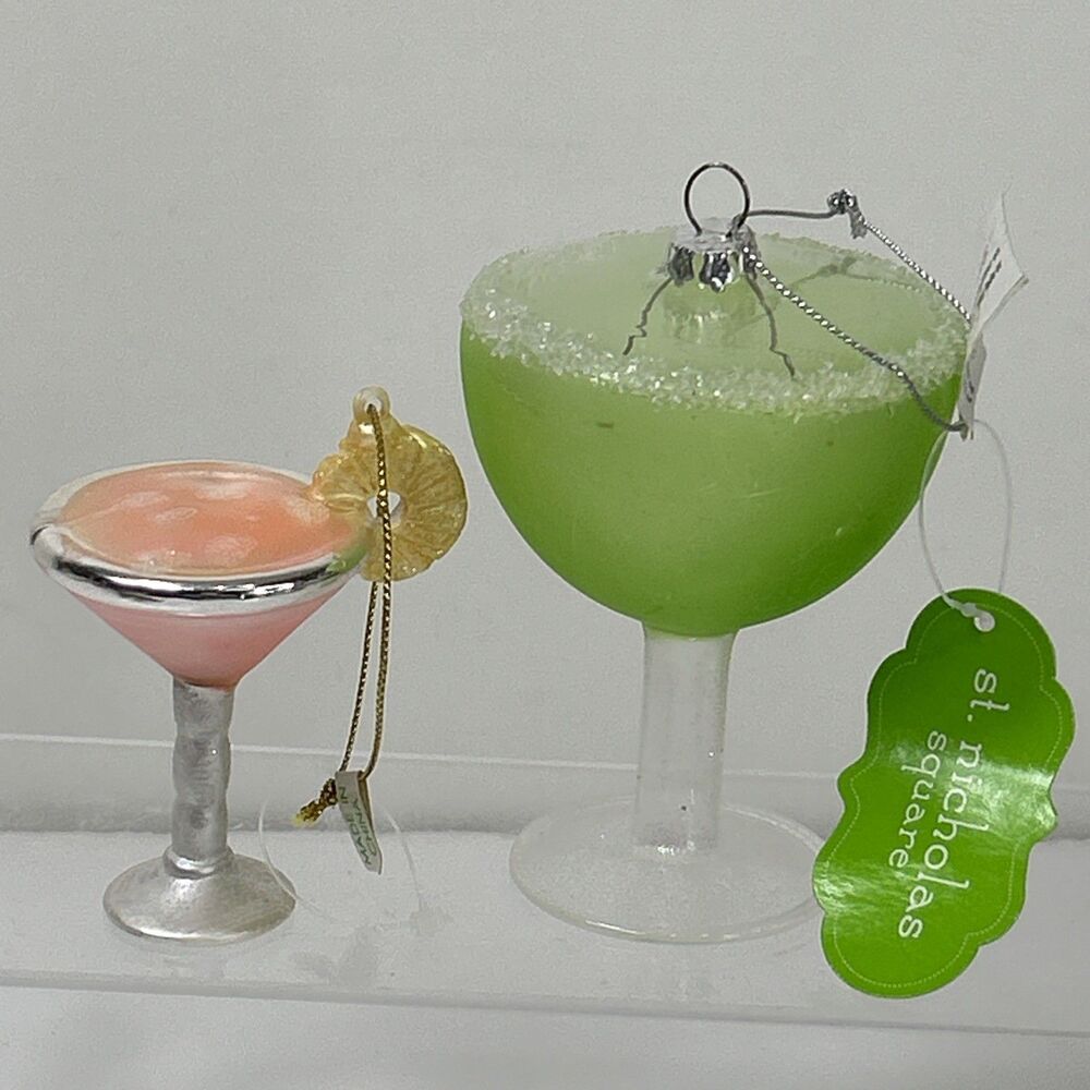 St. Nicholas Square Christmas Glass Ornament Margarita Cocktail Pink Martini